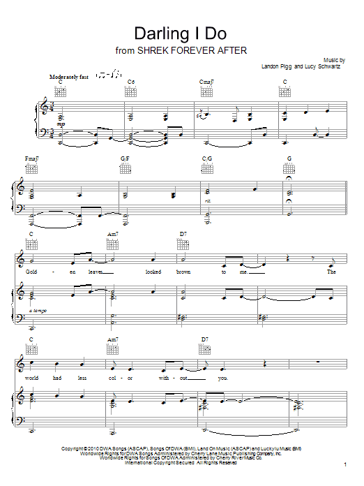 Learn to play Landon Pigg & Lucy Schwartz Darling I Do sheet music for Piano, Vocal & Guitar Chords (Right-Hand Melody) in minutes. Price: 7.8900$ Landon Pigg & Lucy Schwartz Darling I Do sheet music notes and chords arranged for Piano, Vocal & Guitar Chords (Right-Hand Melody)