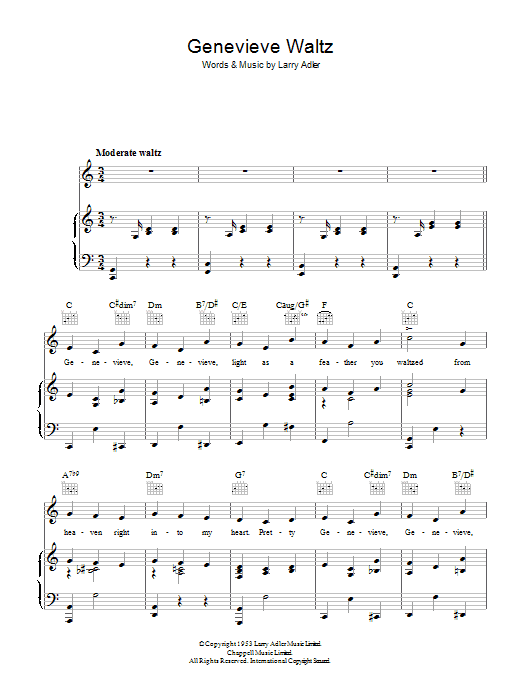 Learn to play Larry Adler Genevieve Waltz sheet music for Piano, Vocal & Guitar Chords in minutes. Price: 7.8900$ Larry Adler Genevieve Waltz sheet music notes and chords arranged for Piano, Vocal & Guitar Chords