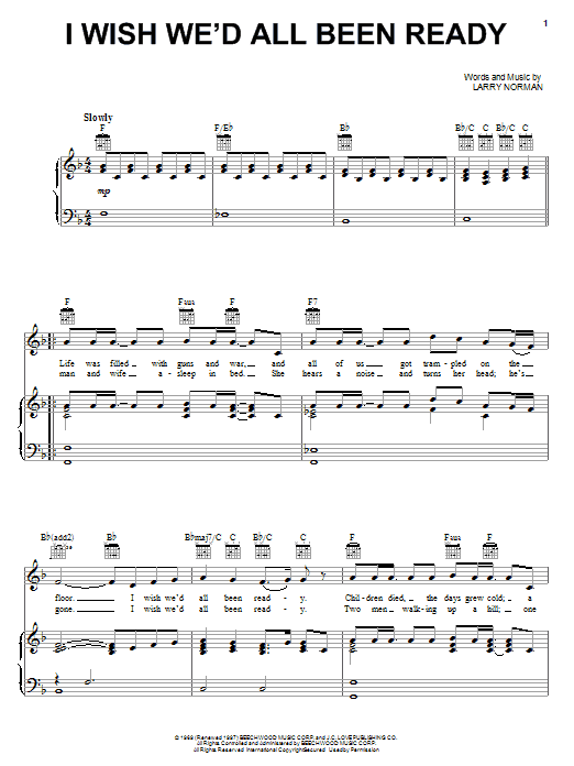 Learn to play Larry Norman I Wish We'd All Been Ready sheet music for Piano, Vocal & Guitar Chords (Right-Hand Melody) in minutes. Price: 7.8900$ Larry Norman I Wish We'd All Been Ready sheet music notes and chords arranged for Piano, Vocal & Guitar Chords (Right-Hand Melody)