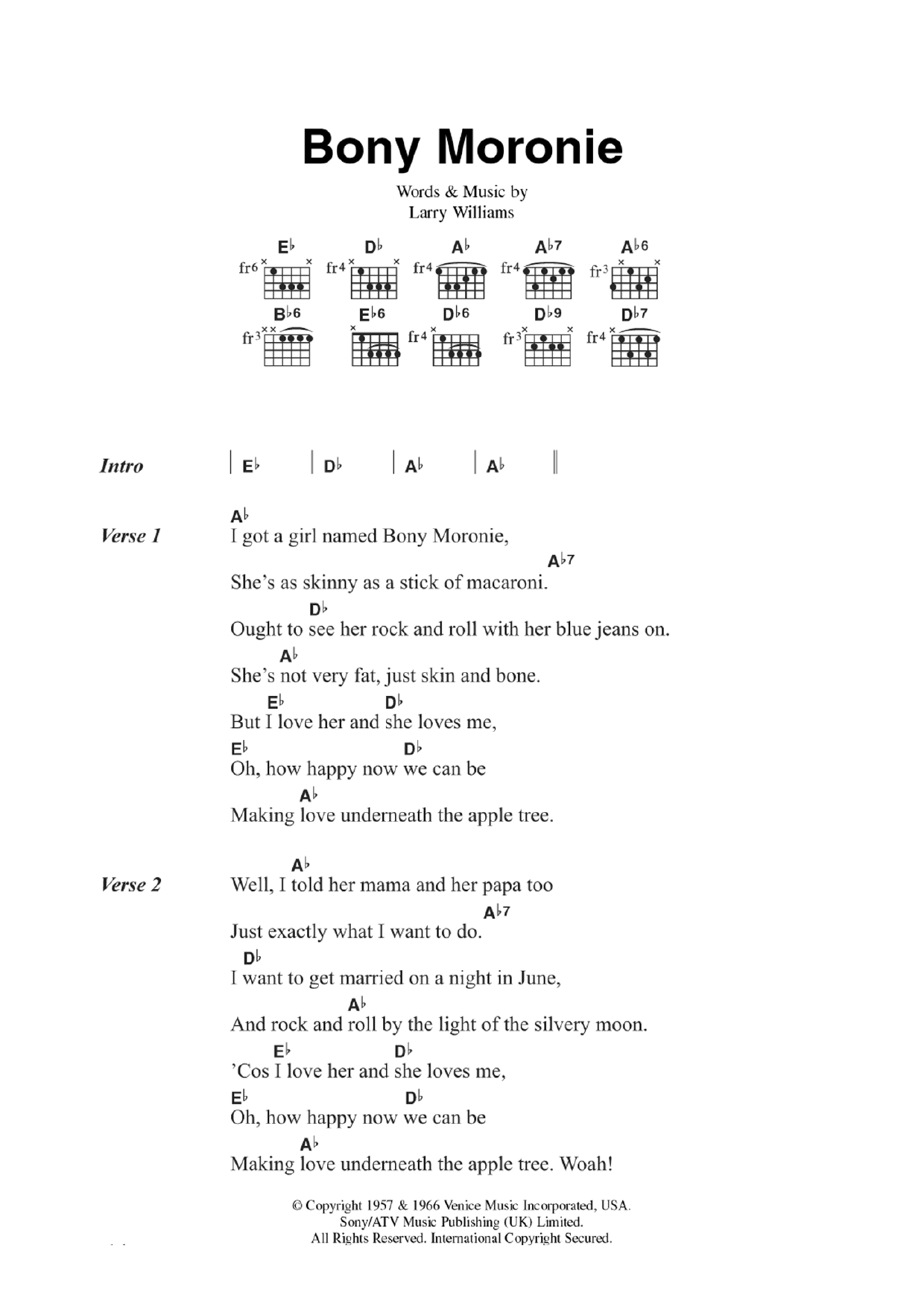 Larry Williams Bony Moronie sheet music notes and chords arranged for Piano, Vocal & Guitar Chords