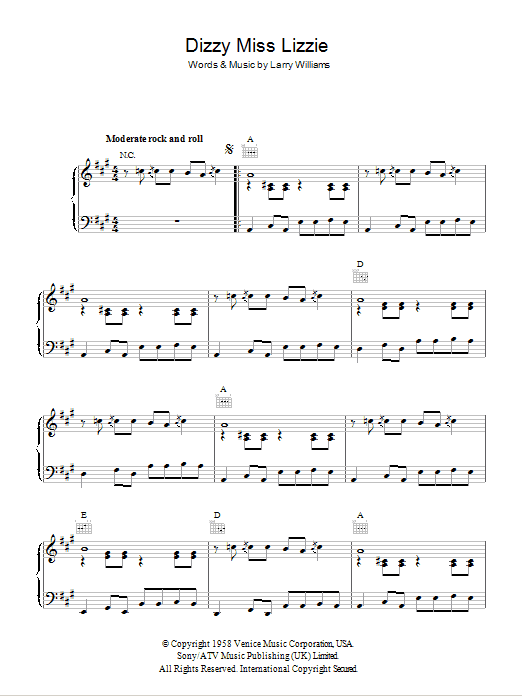 Larry Williams Dizzy Miss Lizzy sheet music notes and chords arranged for Piano, Vocal & Guitar Chords