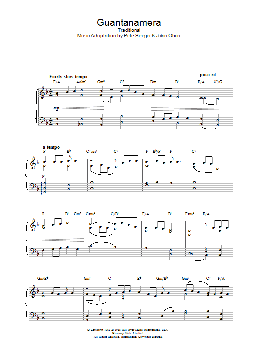 Learn to play Latin-American Folksong Guantanamera sheet music for Piano Solo in minutes. Price: 7.8900$ Latin-American Folksong Guantanamera sheet music notes and chords arranged for Piano Solo