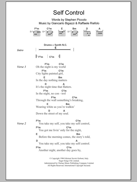 Learn to play Laura Branigan Self Control sheet music for Guitar Chords/Lyrics in minutes. Price: 4.4900$ Laura Branigan Self Control sheet music notes and chords arranged for Guitar Chords/Lyrics