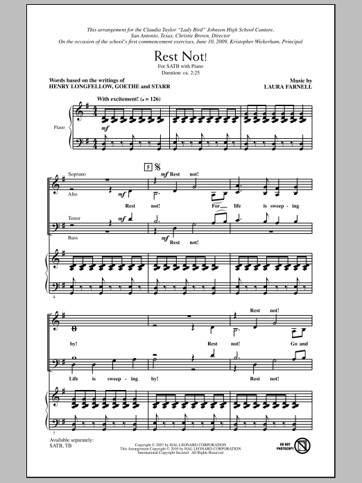 Learn to play Laura Farnell Rest Not! sheet music for TB Choir in minutes. Price: 3.9900$ Laura Farnell Rest Not! sheet music notes and chords arranged for TB Choir