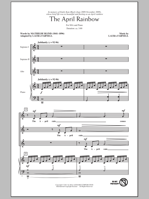 Laura Farnell The April Rainbow sheet music notes and chords arranged for SSA Choir