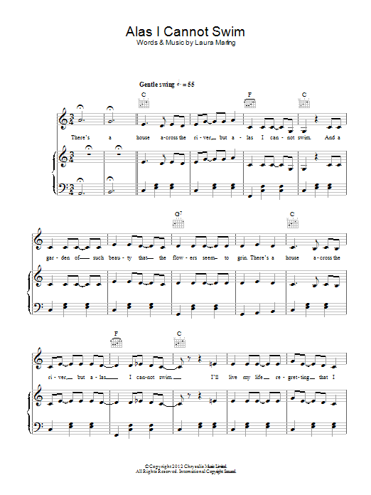 Learn to play Laura Marling Alas I Cannot Swim sheet music for Piano, Vocal & Guitar Chords in minutes. Price: 7.8900$ Laura Marling Alas I Cannot Swim sheet music notes and chords arranged for Piano, Vocal & Guitar Chords