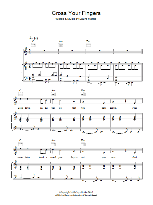 Learn to play Laura Marling Cross Your Fingers sheet music for Piano, Vocal & Guitar Chords in minutes. Price: 7.8900$ Laura Marling Cross Your Fingers sheet music notes and chords arranged for Piano, Vocal & Guitar Chords