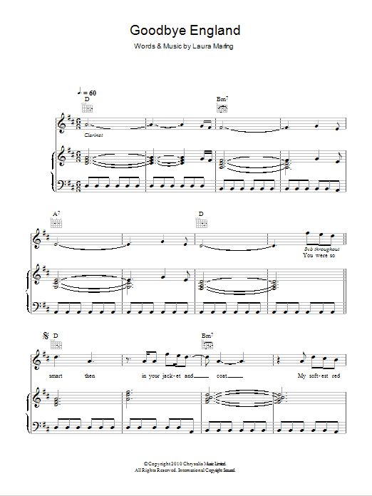 Laura Marling Goodbye England (Covered In Snow) sheet music notes and chords arranged for Piano, Vocal & Guitar Chords