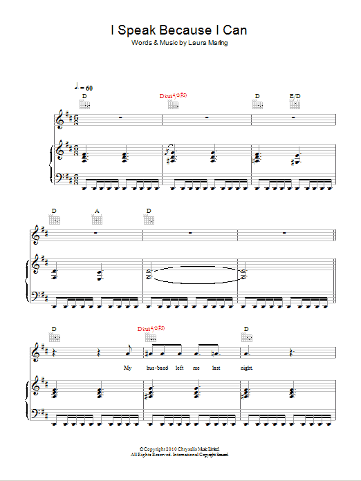 Laura Marling I Speak Because I Can sheet music notes and chords arranged for Piano, Vocal & Guitar Chords