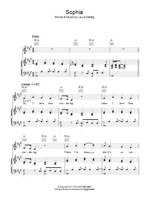 Learn to play Laura Marling Sophia sheet music for Piano, Vocal & Guitar Chords in minutes. Price: 7.8900$ Laura Marling Sophia sheet music notes and chords arranged for Piano, Vocal & Guitar Chords