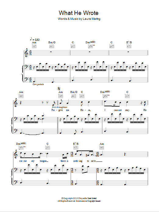 Laura Marling What He Wrote sheet music notes and chords arranged for Piano, Vocal & Guitar Chords