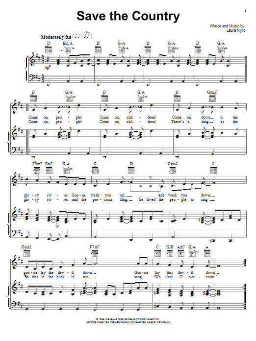 Laura Nyro Save The Country sheet music notes and chords. Download Printable PDF.