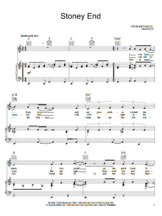 Learn to play Laura Nyro Stoney End sheet music for Real Book – Melody & Chords in minutes. Price: 5.9900$ Laura Nyro Stoney End sheet music notes and chords arranged for Real Book – Melody & Chords