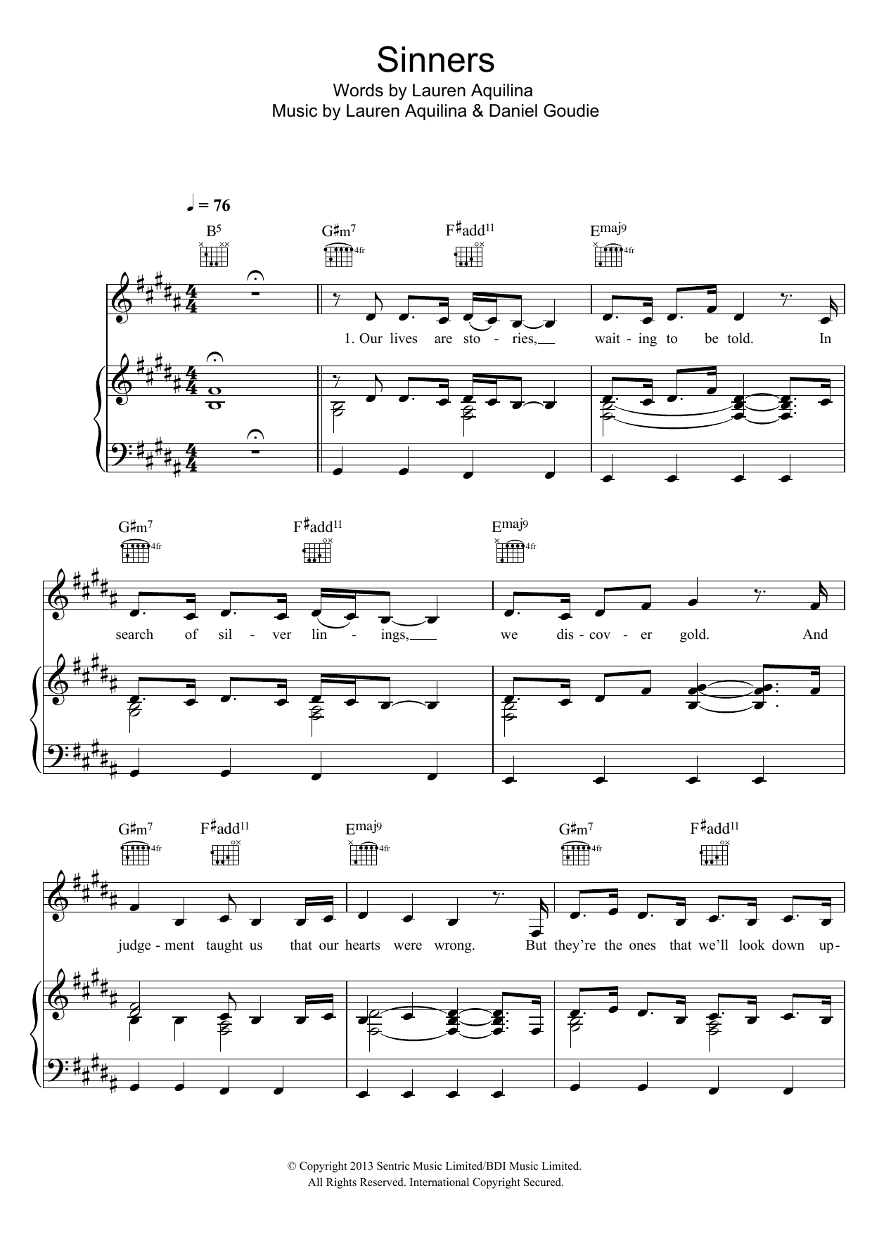 Learn to play Lauren Aquilina Sinners sheet music for Piano, Vocal & Guitar Chords in minutes. Price: 7.8900$ Lauren Aquilina Sinners sheet music notes and chords arranged for Piano, Vocal & Guitar Chords