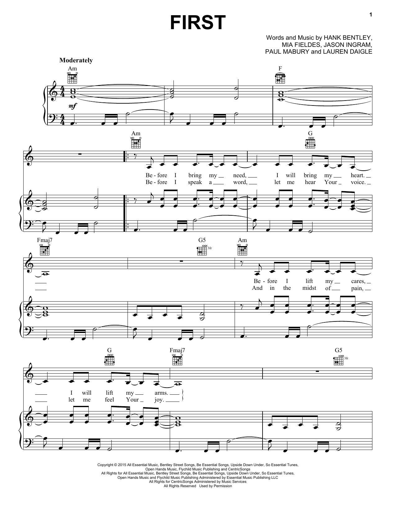 Lauren Daigle First sheet music notes and chords. Download Printable PDF.