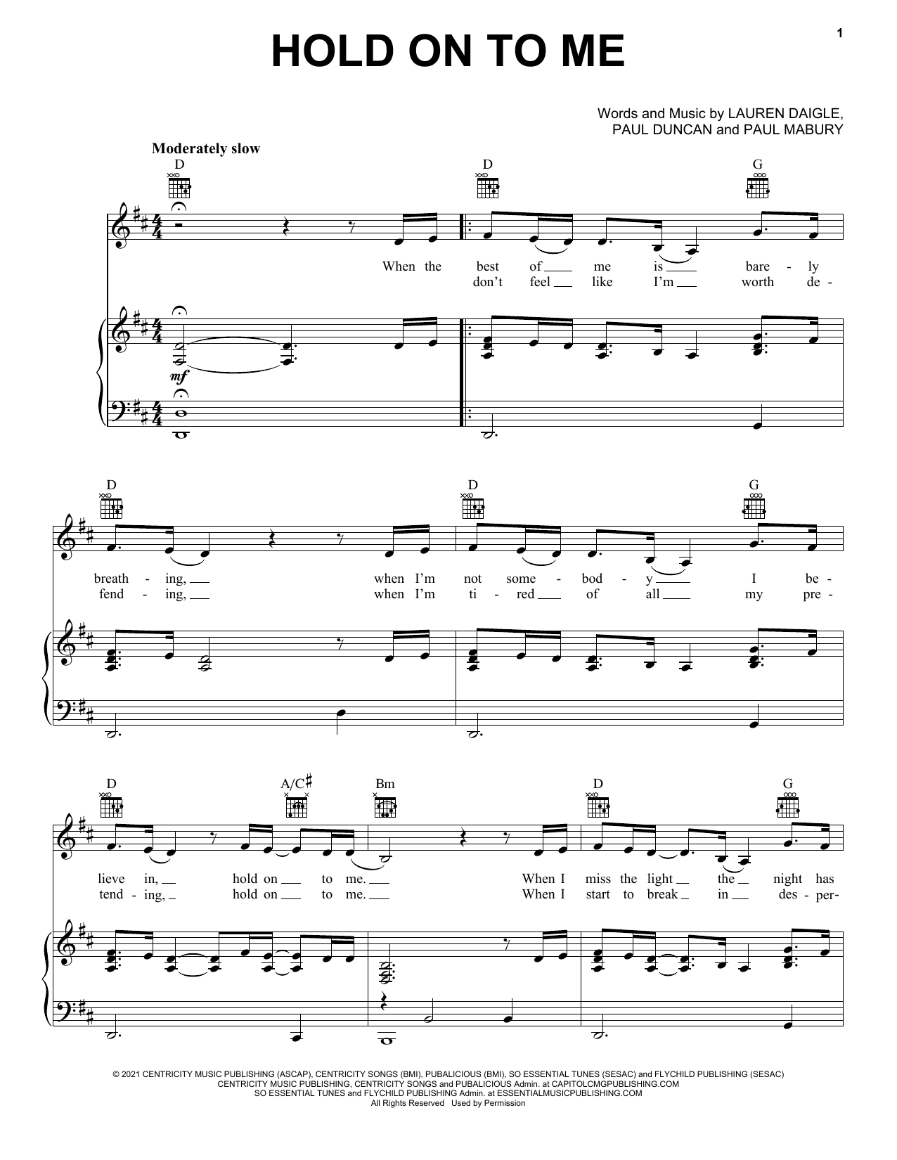 Lauren Daigle Hold On To Me sheet music notes and chords. Download Printable PDF.