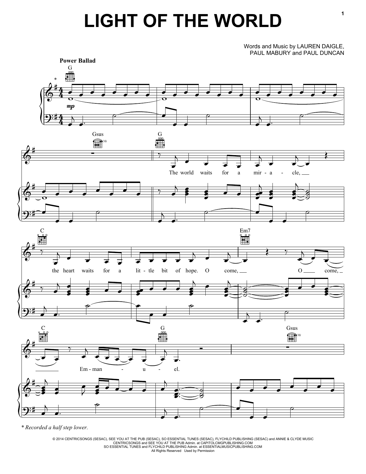 Lauren Daigle Light Of The World sheet music notes and chords. Download Printable PDF.