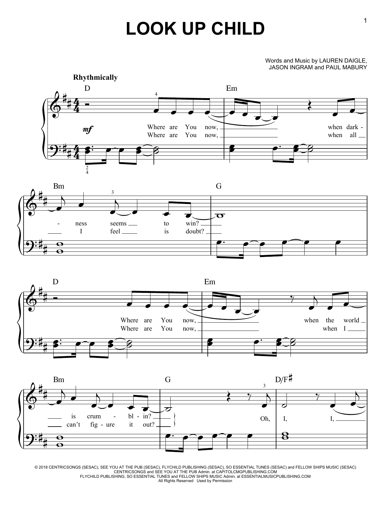 Lauren Daigle Look Up Child sheet music notes and chords arranged for Easy Piano