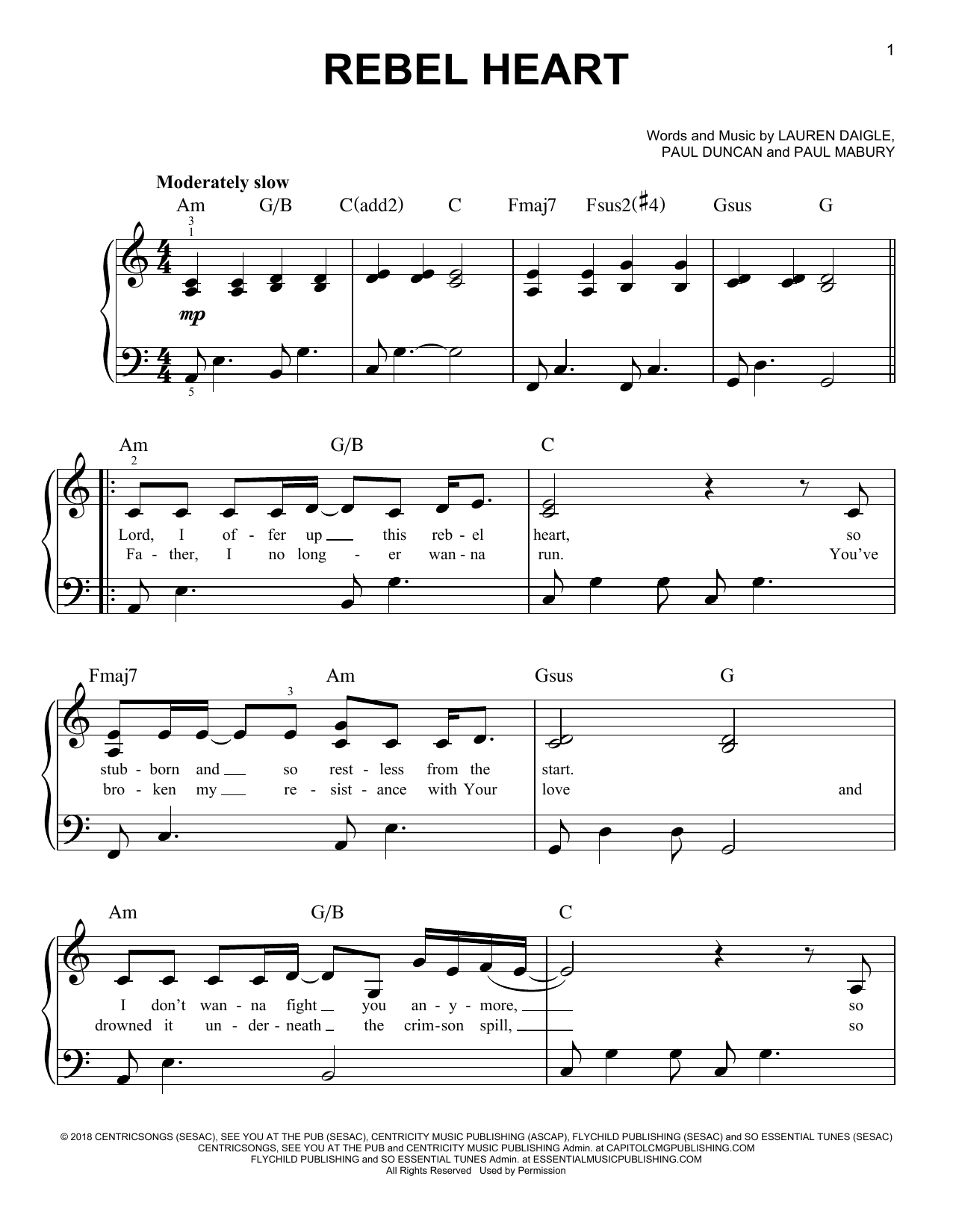 Lauren Daigle Rebel Heart sheet music notes and chords. Download Printable PDF.