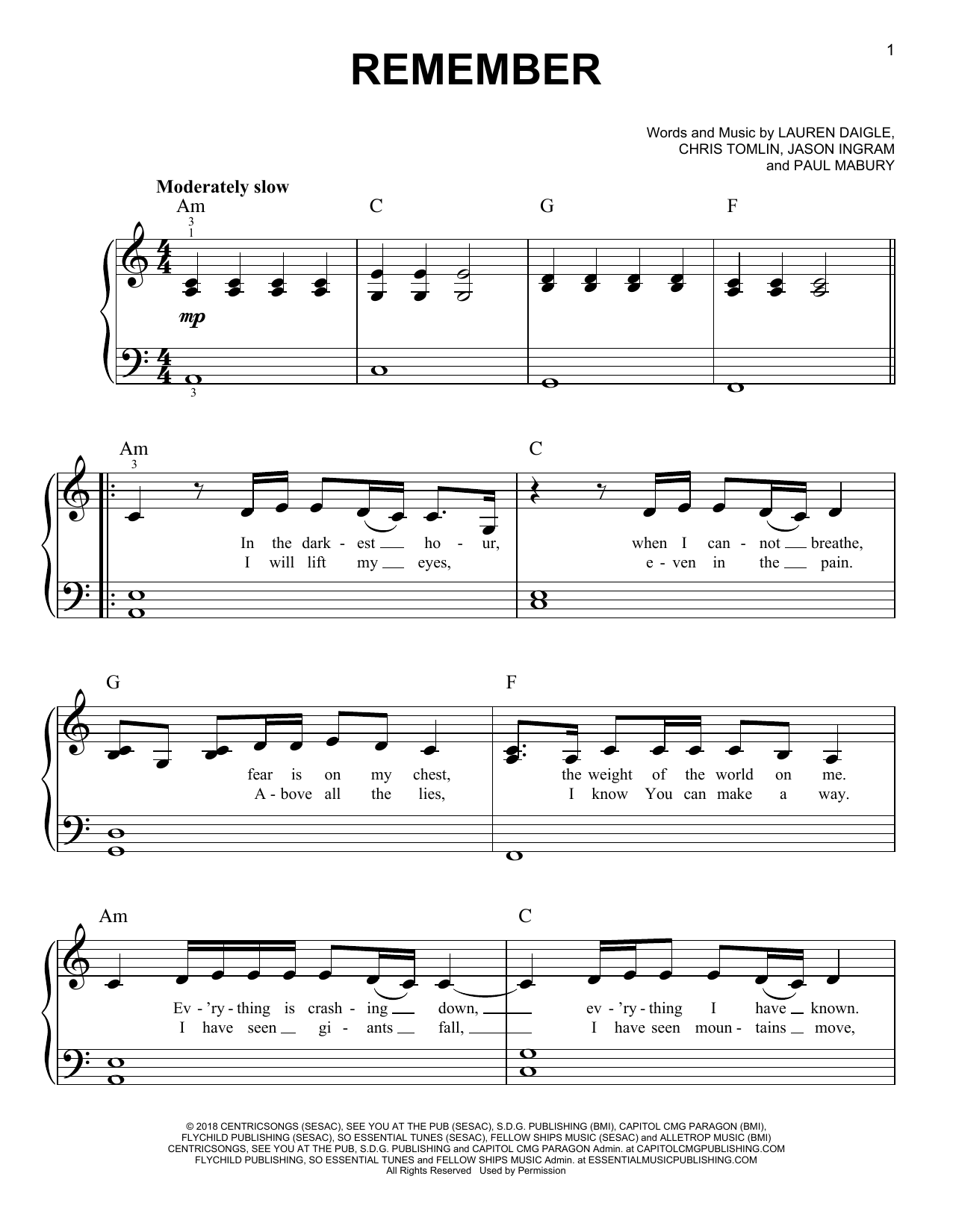 Lauren Daigle Remember sheet music notes and chords. Download Printable PDF.