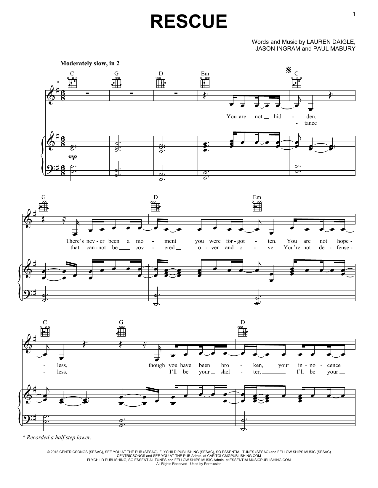 Lauren Daigle Rescue sheet music notes and chords. Download Printable PDF.