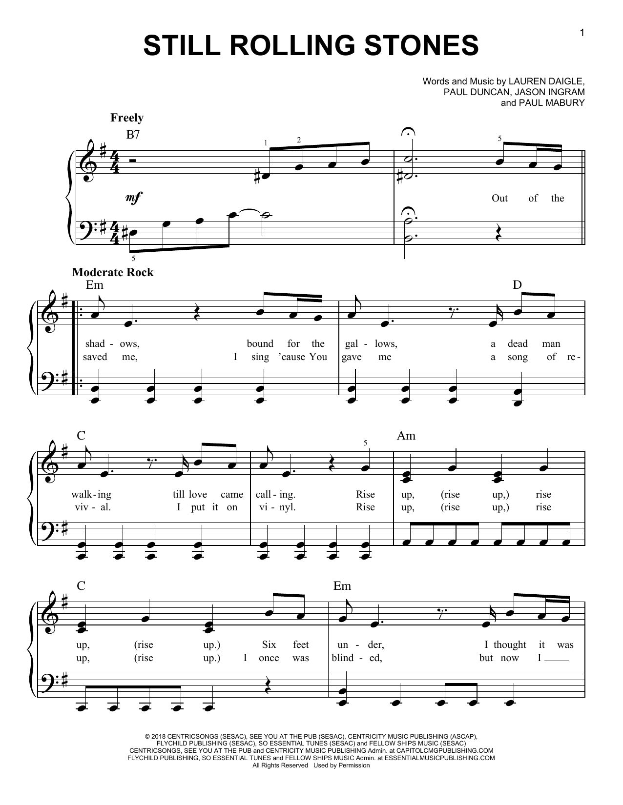 Lauren Daigle Still Rolling Stones sheet music notes and chords. Download Printable PDF.