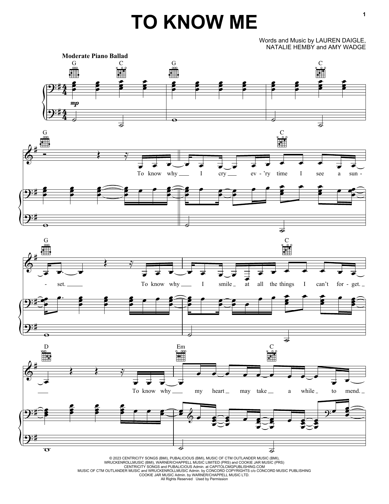 Lauren Daigle To Know Me sheet music notes and chords. Download Printable PDF.