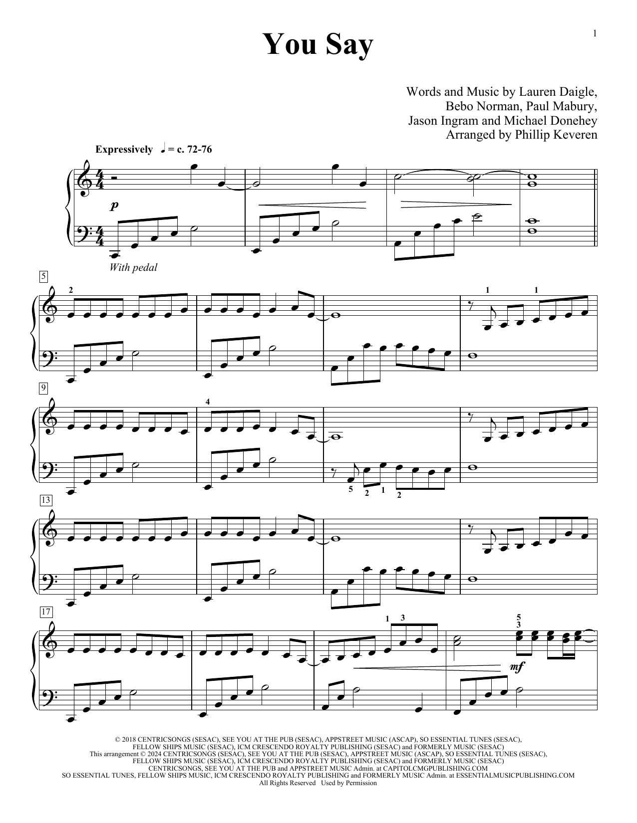 Lauren Daigle You Say (arr. Phillip Keveren) sheet music notes and chords. Download Printable PDF.