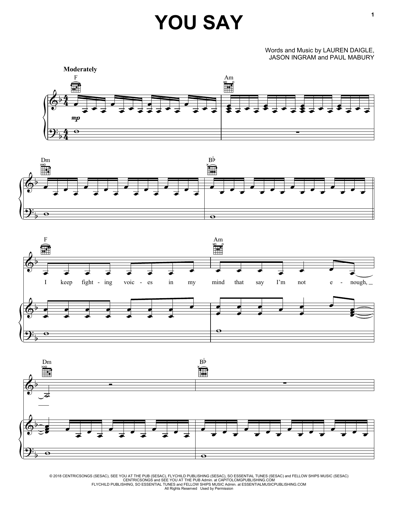 Lauren Daigle You Say sheet music notes and chords. Download Printable PDF.