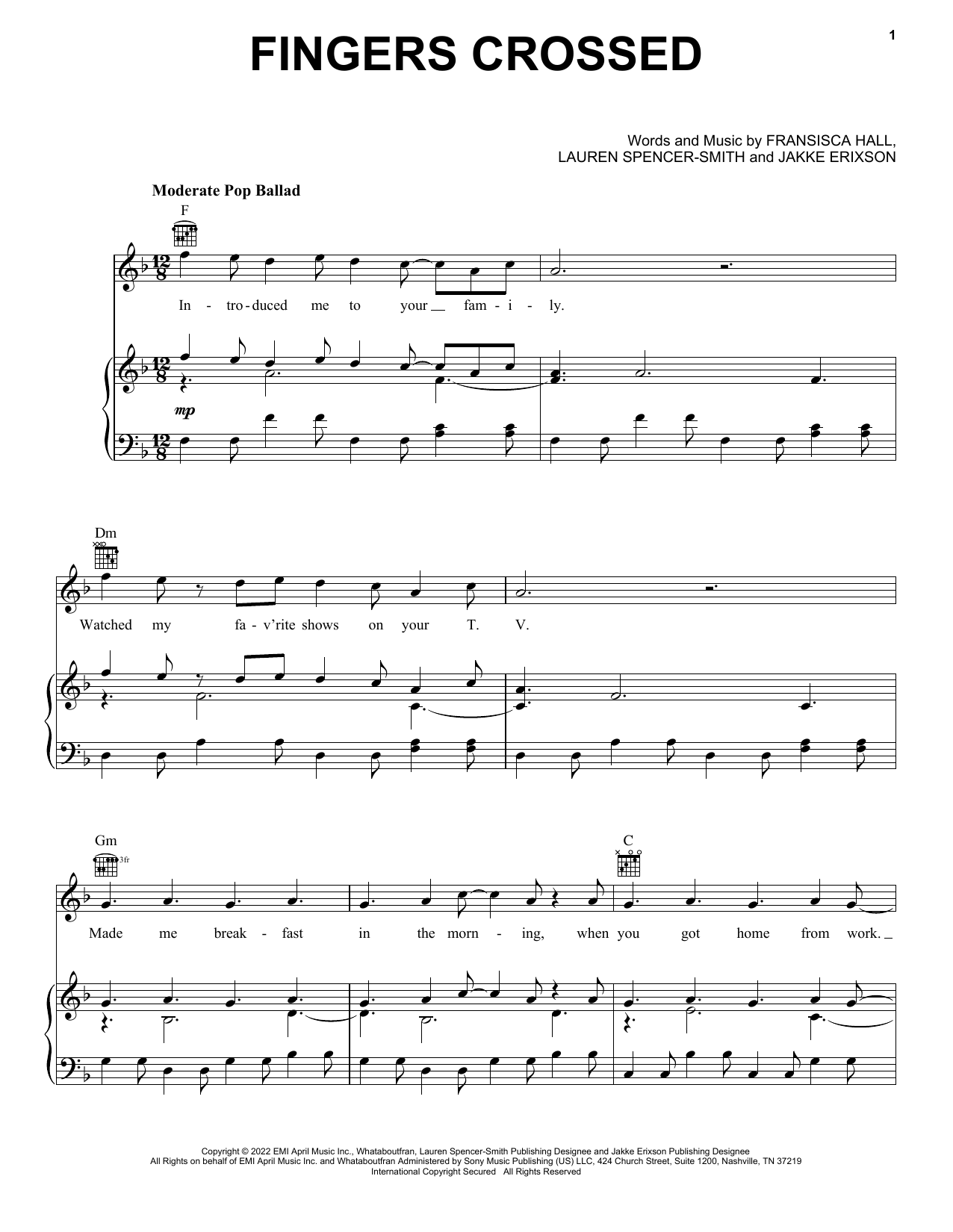 Lauren Spencer-Smith Fingers Crossed sheet music notes and chords. Download Printable PDF.