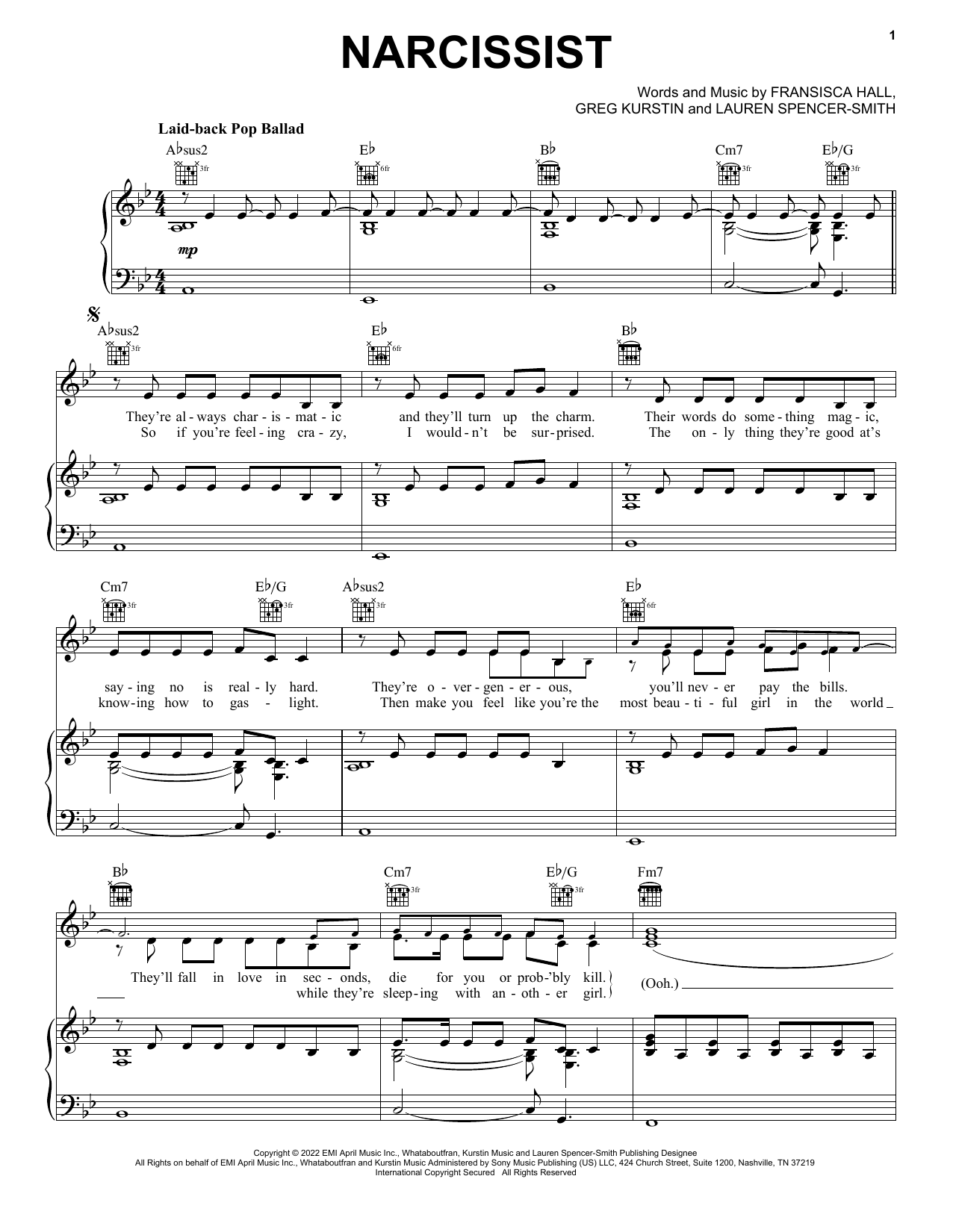 Lauren Spencer-Smith Narcissist sheet music notes and chords. Download Printable PDF.