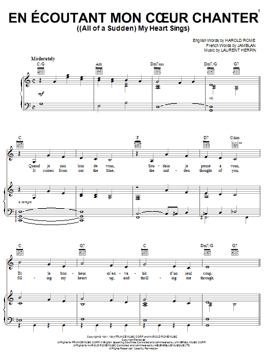Learn to play Paul Anka (All Of A Sudden) My Heart Sings sheet music for Piano, Vocal & Guitar Chords (Right-Hand Melody) in minutes. Price: 7.8900$ Paul Anka (All Of A Sudden) My Heart Sings sheet music notes and chords arranged for Piano, Vocal & Guitar Chords (Right-Hand Melody)