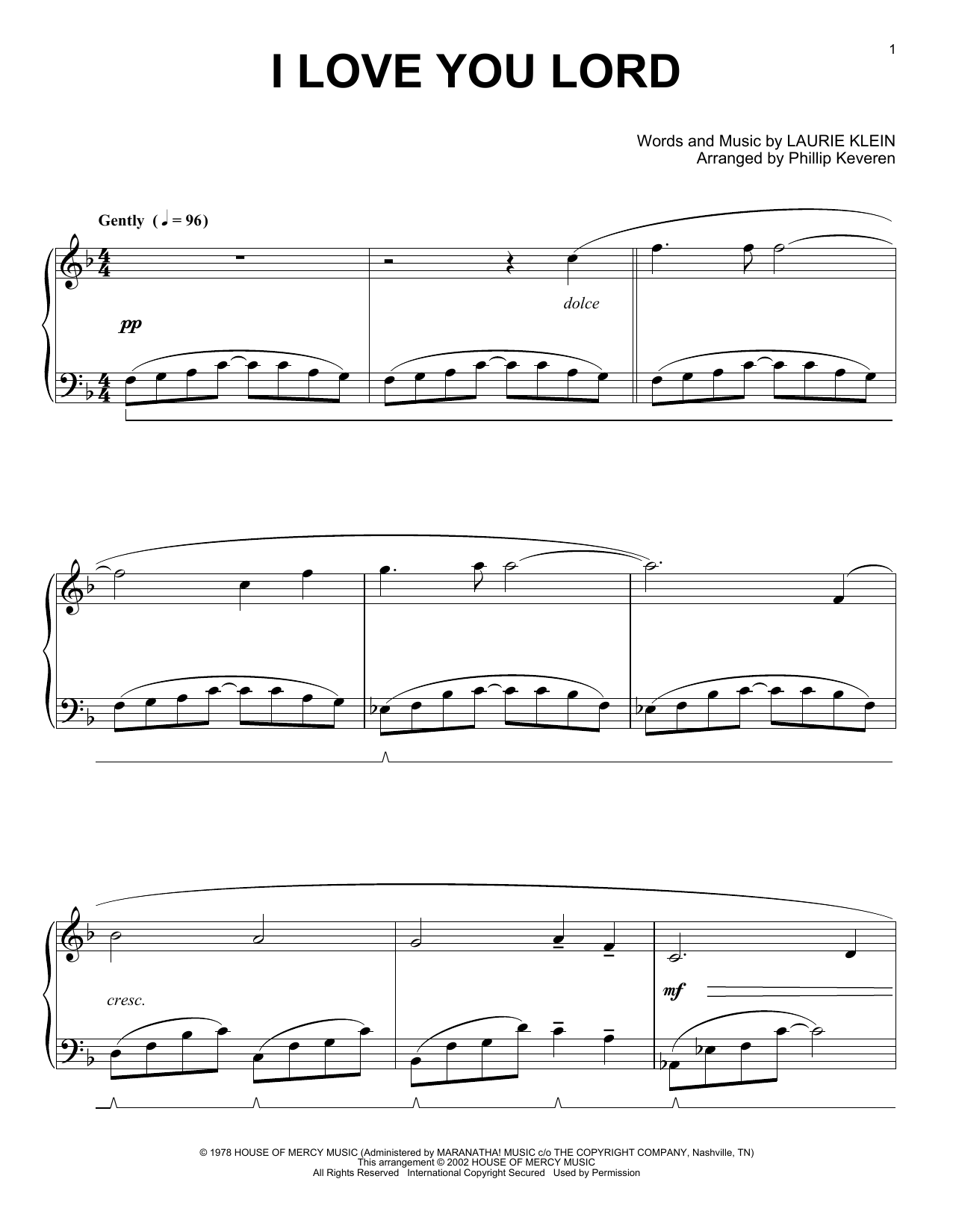 Laurie Klein I Love You Lord (arr. Phillip Keveren) sheet music notes and chords. Download Printable PDF.