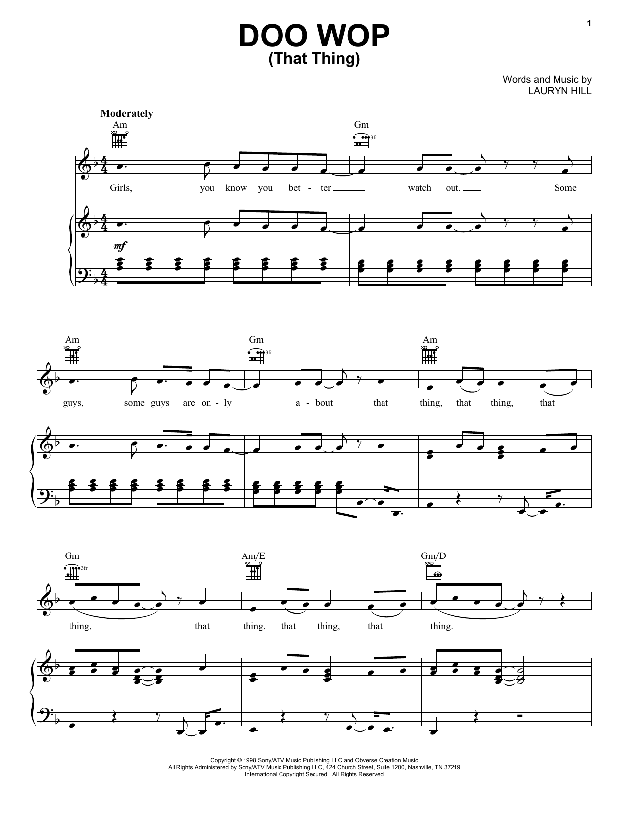 Lauryn Hill Doo Wop (That Thing) sheet music notes and chords. Download Printable PDF.