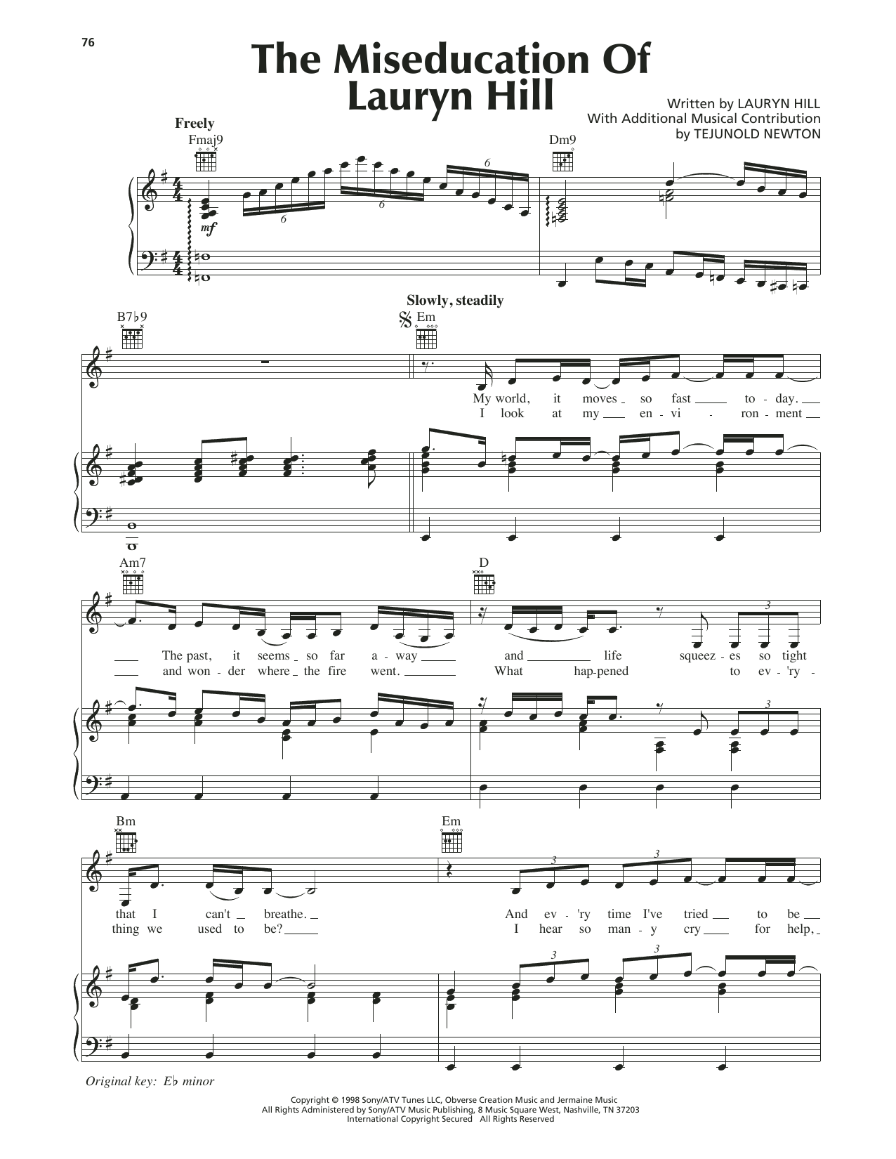 Learn to play Lauryn Hill The Miseducation Of Lauryn Hill sheet music for Piano, Vocal & Guitar Chords (Right-Hand Melody) in minutes. Price: 6.9900$ Lauryn Hill The Miseducation Of Lauryn Hill sheet music notes and chords arranged for Piano, Vocal & Guitar Chords (Right-Hand Melody)