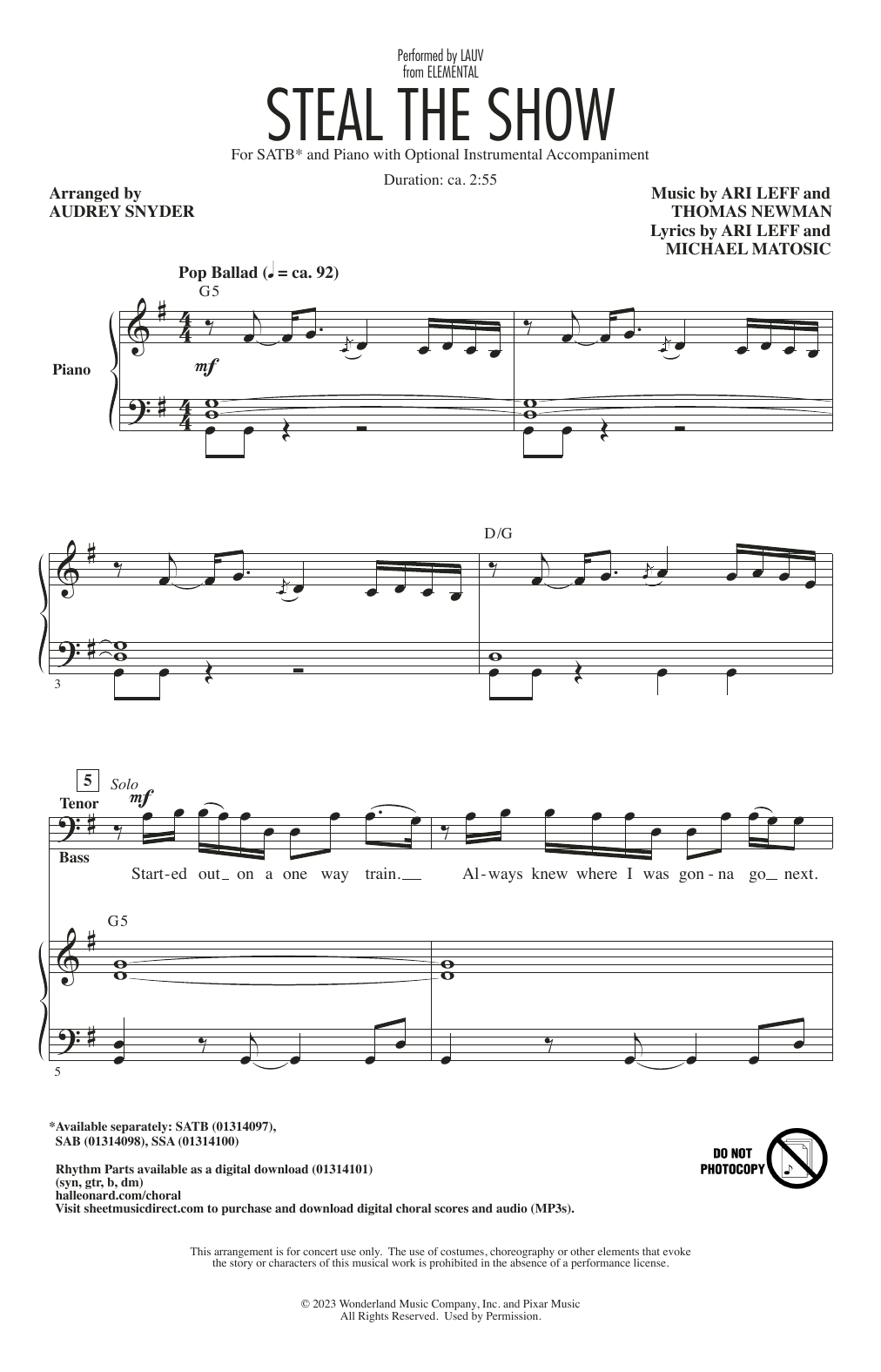 Learn to play Lauv Steal The Show (from Elemental) (arr. Audrey Snyder) sheet music for SATB Choir in minutes. Price: 3.9900$ Lauv Steal The Show (from Elemental) (arr. Audrey Snyder) sheet music notes and chords arranged for SATB Choir
