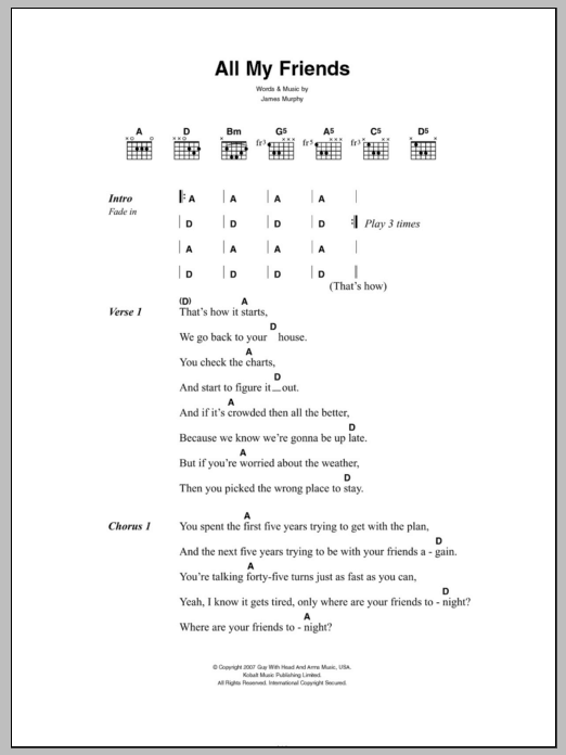 LCD Soundsystem All My Friends sheet music notes and chords. Download Printable PDF.