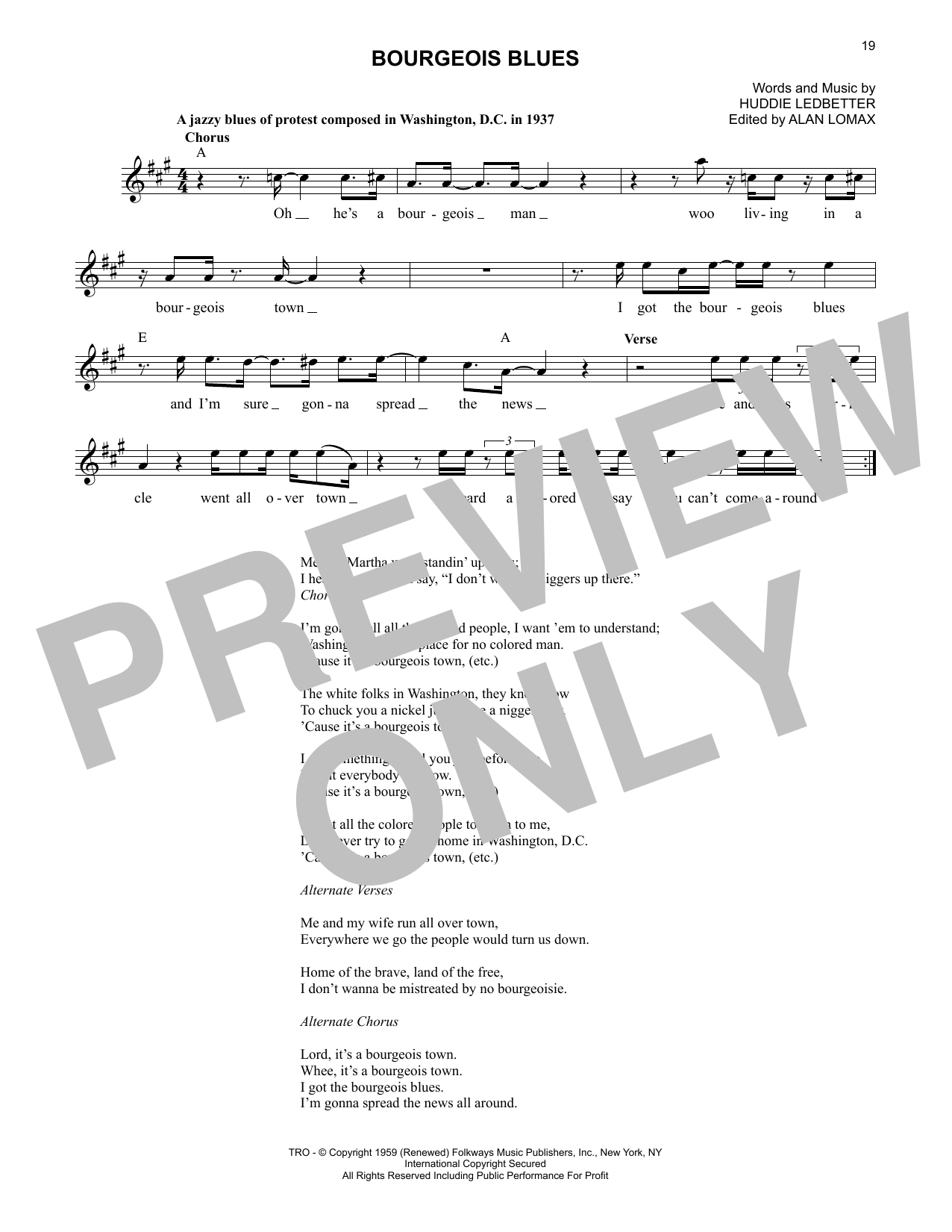 Lead Belly Bourgeois Blues sheet music notes and chords. Download Printable PDF.