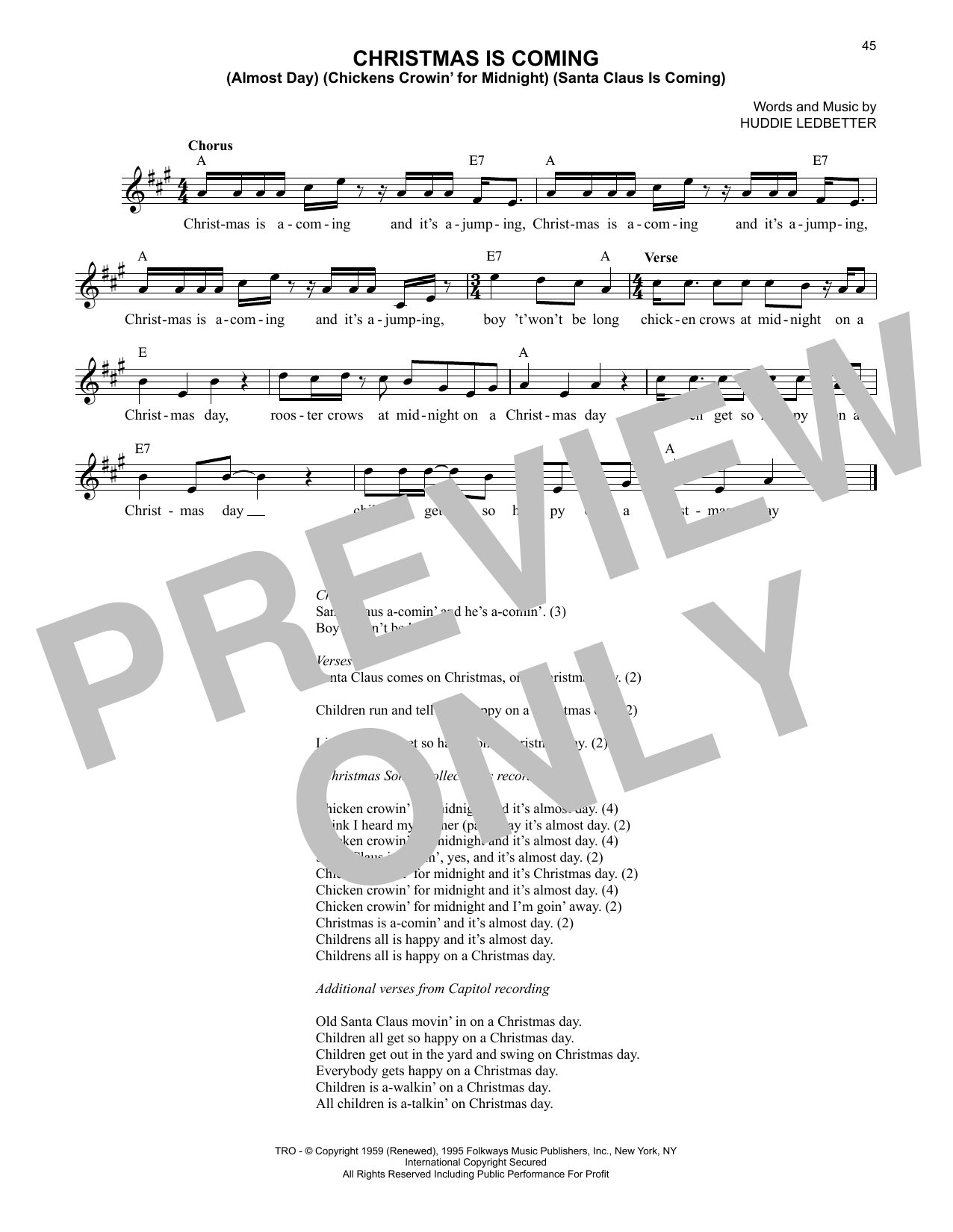 Lead Belly Christmas Is Coming (Almost Day) (Chickens Crowin' For Midnight) (Santa Claus Is Coming) sheet music notes and chords. Download Printable PDF.