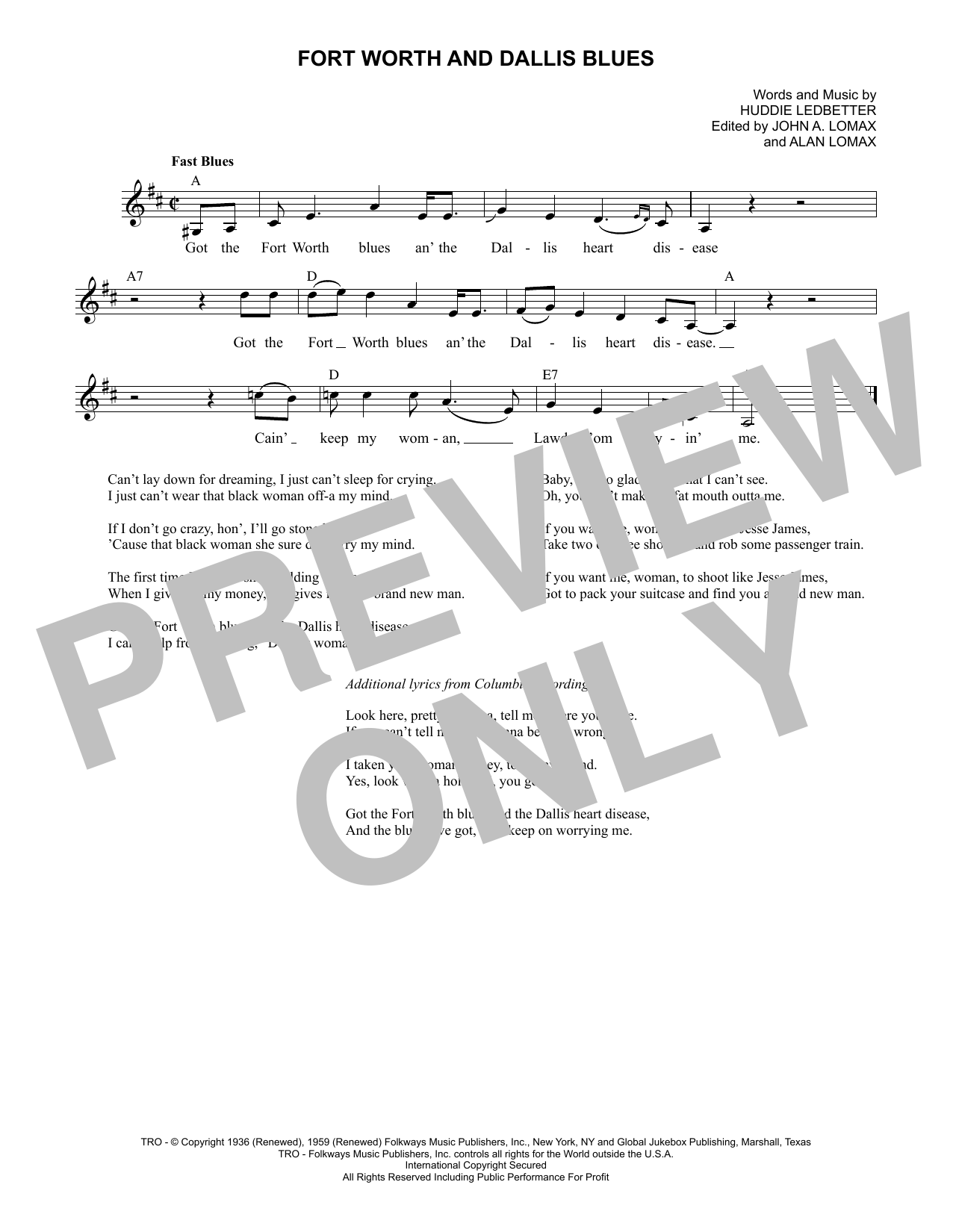 Lead Belly Fort Worth And Dallis Blues sheet music notes and chords. Download Printable PDF.