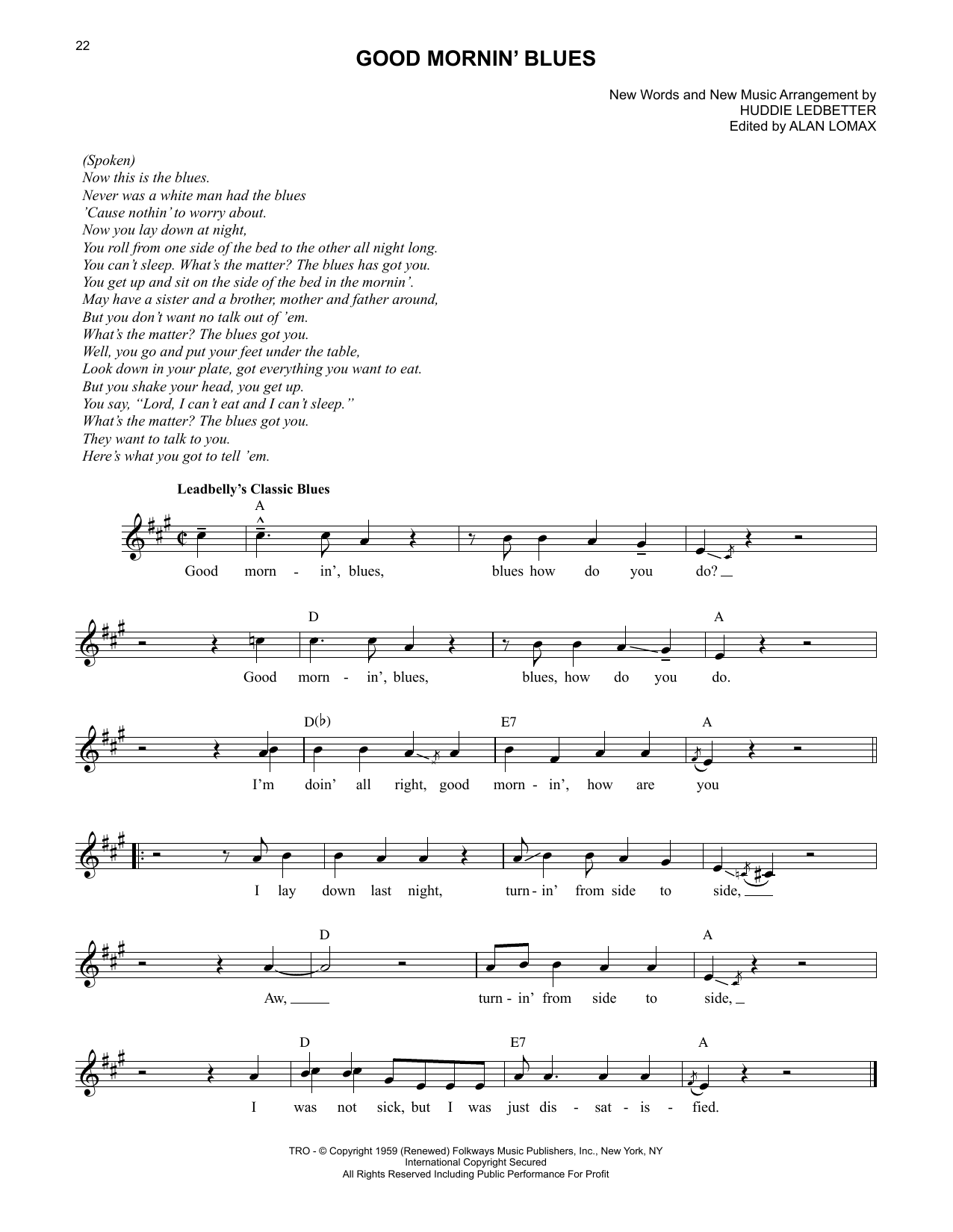 Lead Belly Good Mornin' Blues sheet music notes and chords. Download Printable PDF.