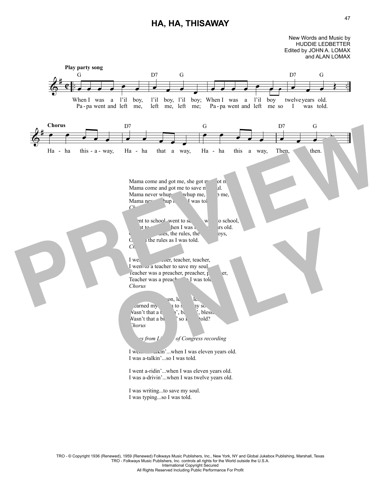 Lead Belly Ha, Ha, Thisaway sheet music notes and chords. Download Printable PDF.