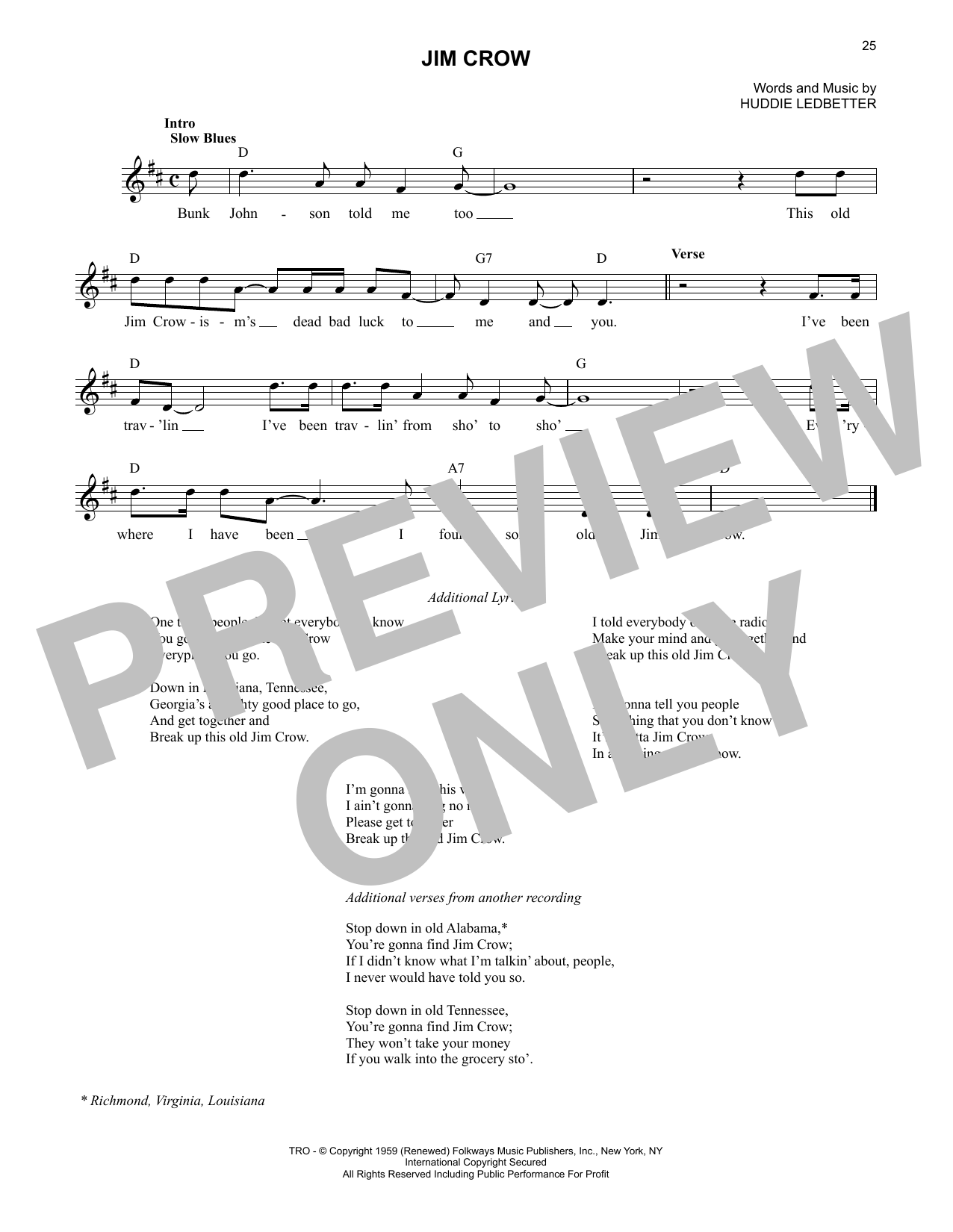 Lead Belly Jim Crow sheet music notes and chords. Download Printable PDF.