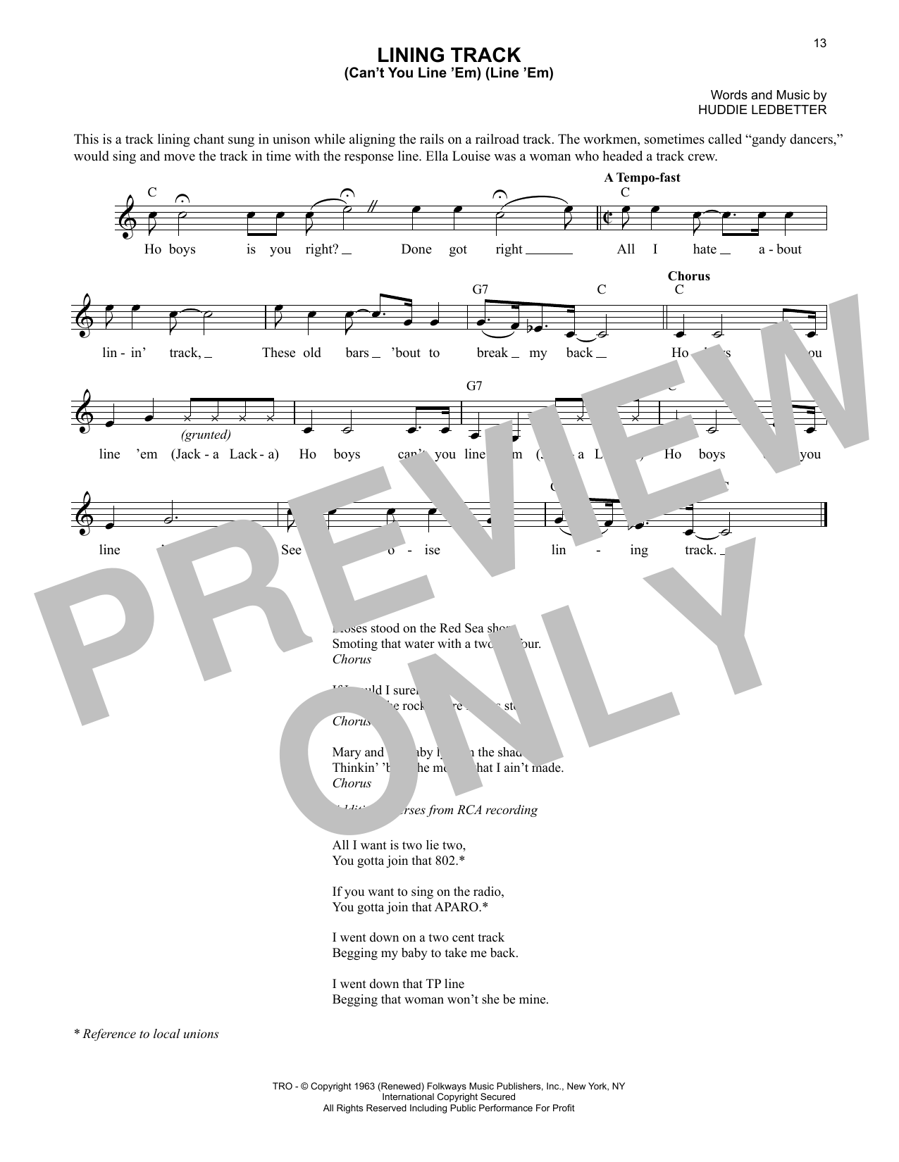 Lead Belly Lining Track (Can't You Line 'Em) (Line 'Em) sheet music notes and chords. Download Printable PDF.