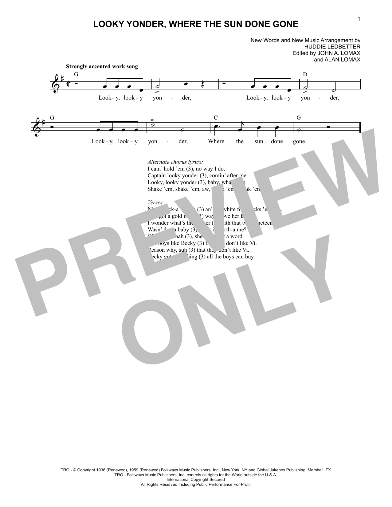 Lead Belly Looky Yonder, Where The Sun Done Gone sheet music notes and chords. Download Printable PDF.