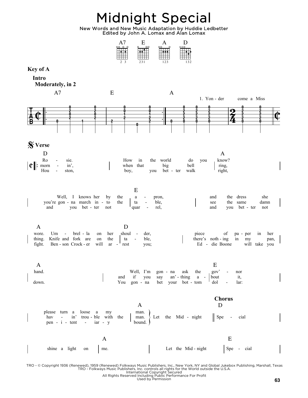 Lead Belly Midnight Special sheet music notes and chords. Download Printable PDF.