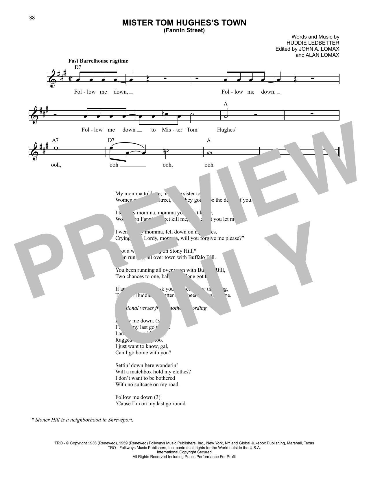 Lead Belly Mister Tom Hughes's Town (Fannin Street) sheet music notes and chords. Download Printable PDF.