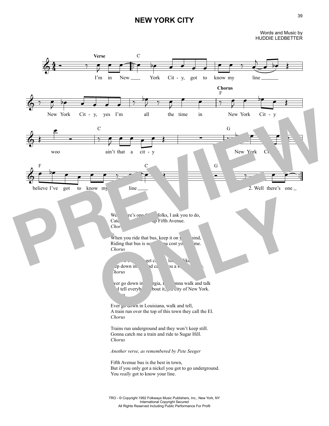 Lead Belly New York City sheet music notes and chords. Download Printable PDF.