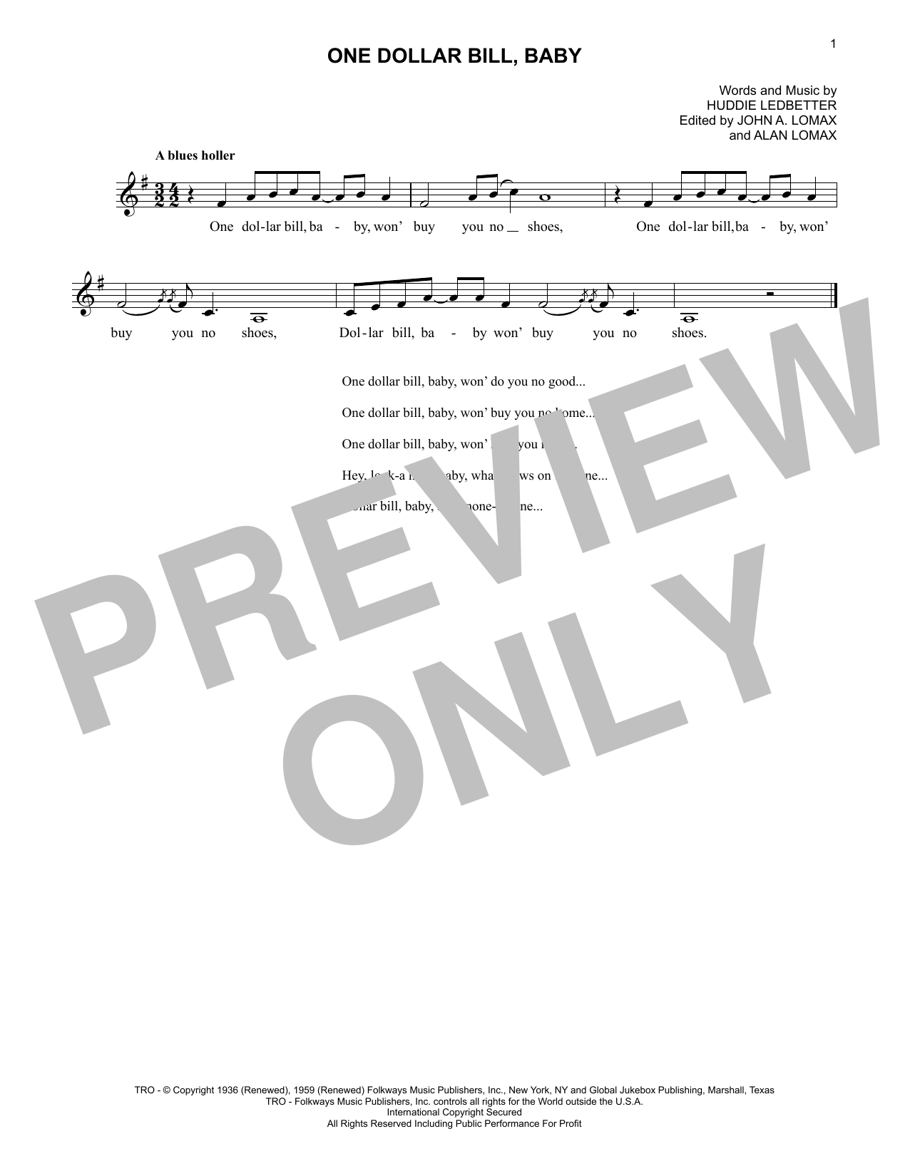 Lead Belly One Dollar Bill, Baby sheet music notes and chords. Download Printable PDF.