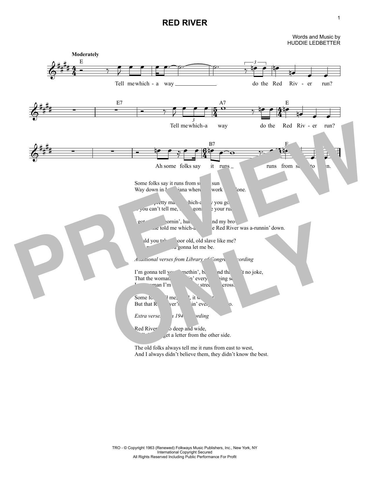 Lead Belly Red River sheet music notes and chords. Download Printable PDF.